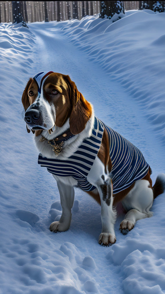 Brown and White Dog in Striped Shirt Sitting on Snow