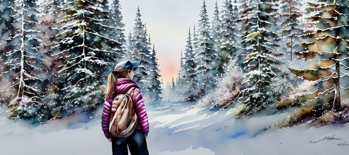 Person in Warm Attire with Backpack in Snowy Forest Sunset
