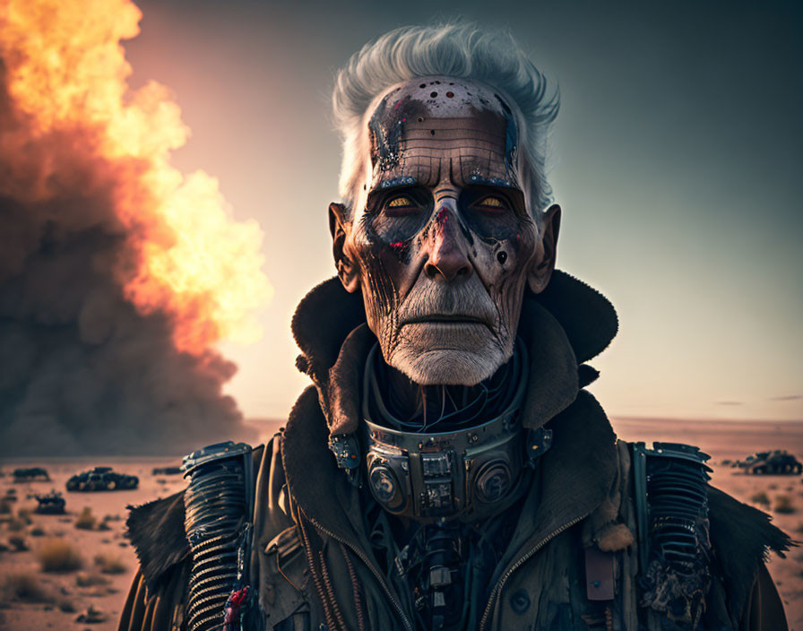 Elderly man in tribal face paint and futuristic outfit in fiery landscape