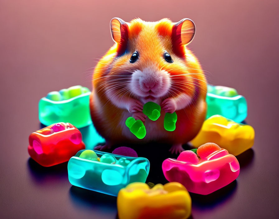 Colorful Hamster with Gummy Bears in Playful Scene