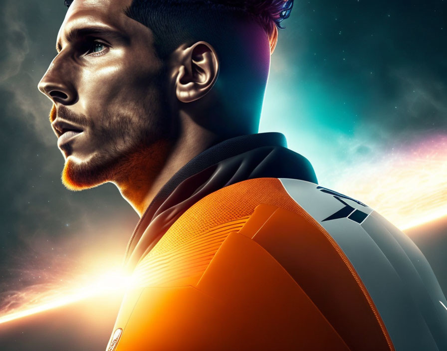Man with Styled Hair in Orange and Black Jersey on Cosmic Background