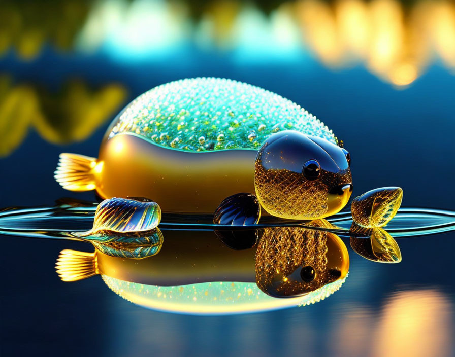 Golden Fish Figurine Resting in Calm Water with Sparkling Bubbles
