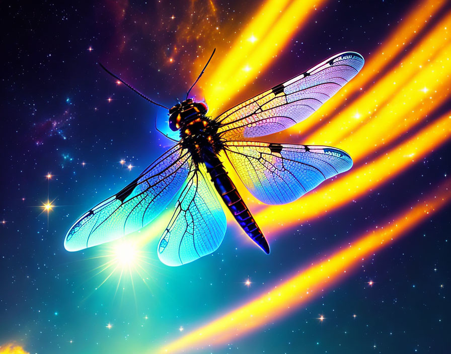 Colorful Dragonfly with Cosmic Background and Galaxy-Like Appearance