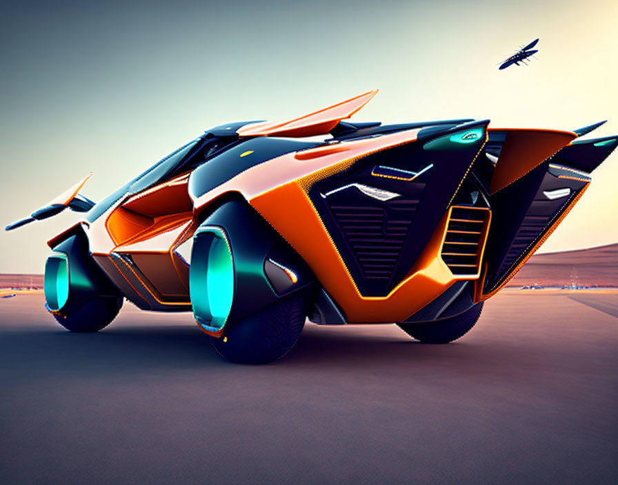 Futuristic orange and blue vehicle on desert landscape with flying craft in pink sky