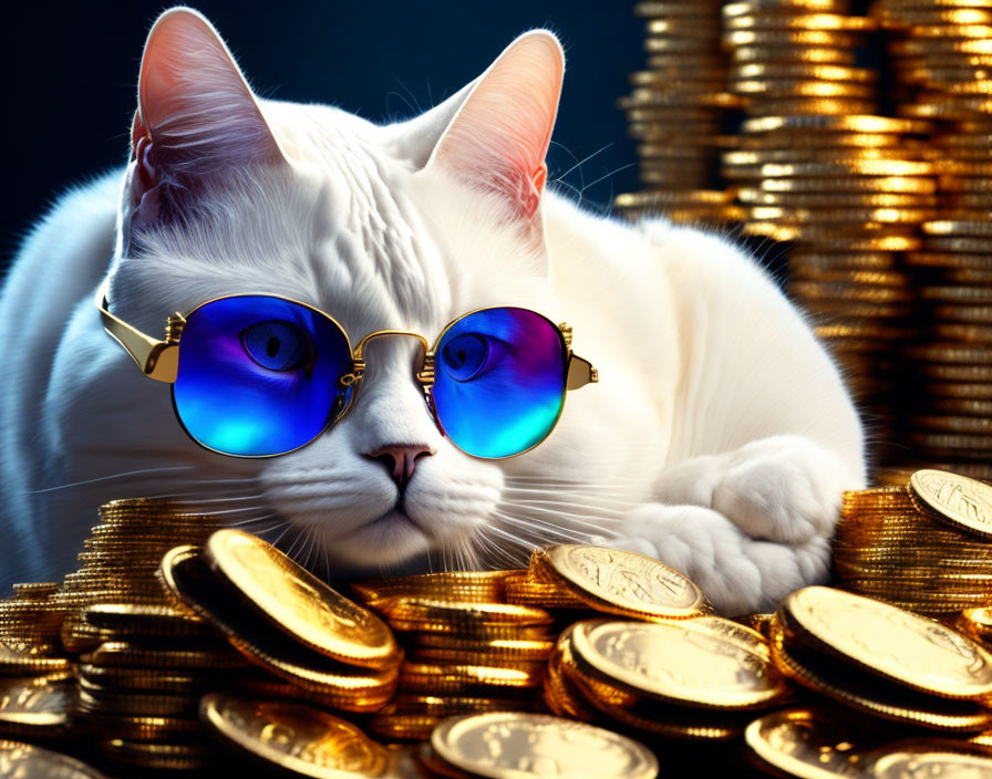 White Cat Wearing Blue Sunglasses on Gold Coins in Dark Blue Setting