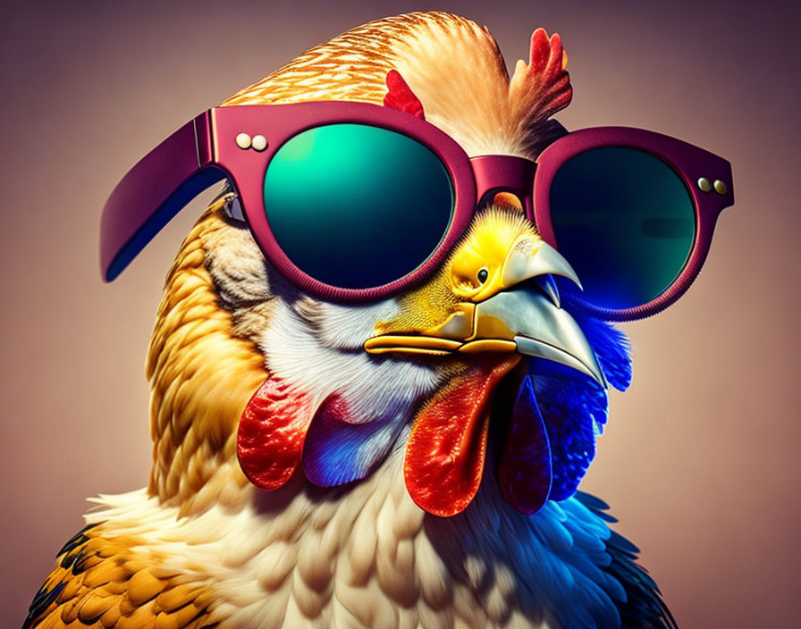 Vibrant rooster with large sunglasses and tiny chick reflection