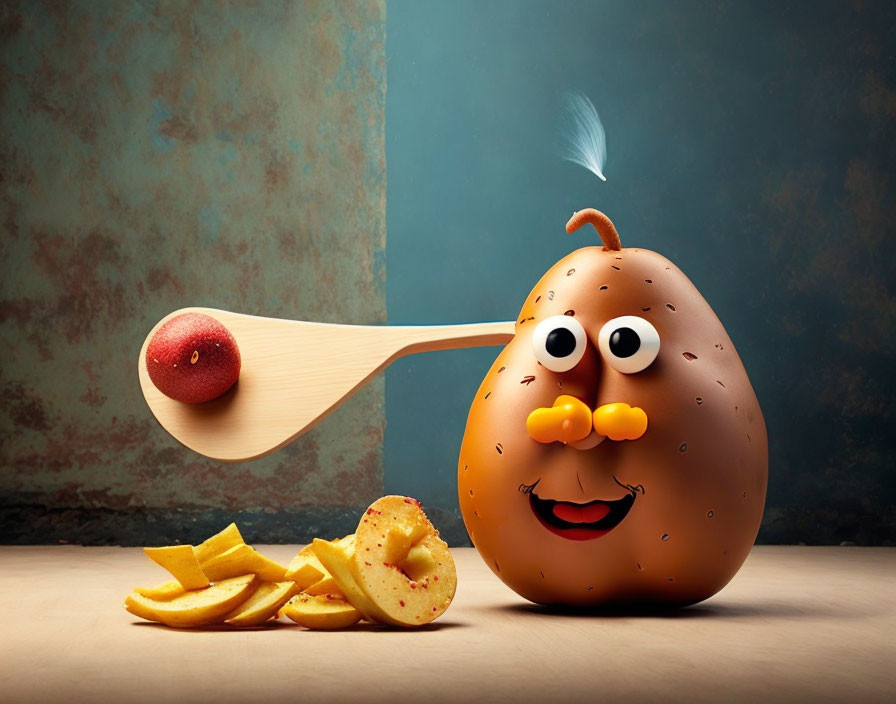 Anthropomorphic potato with wooden spoon and slices in whimsical scene