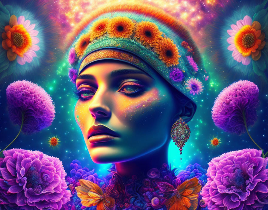 Vibrant surreal portrait of a woman with neon flowers and stars