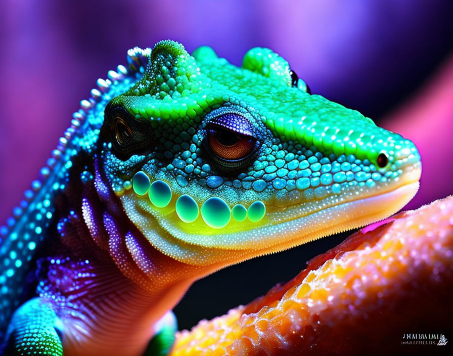 Colorful Green Gecko with Blue Spots on Purple Background