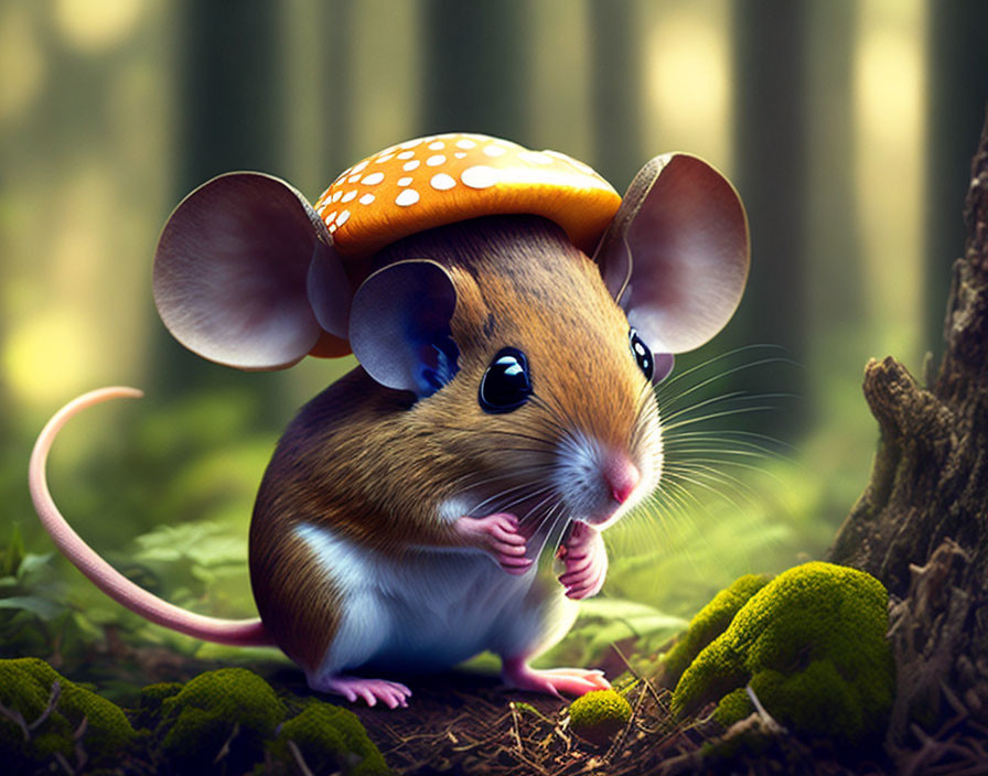 Illustration of cute mouse with expressive eyes in forest setting