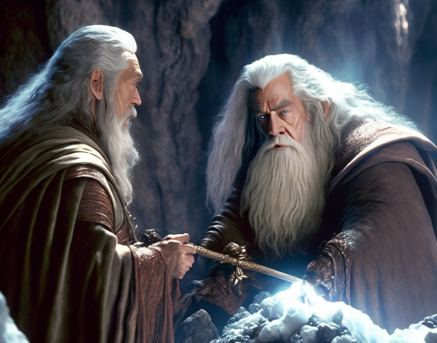 White-haired and grey-bearded wizards with glowing sword in cavernous scene