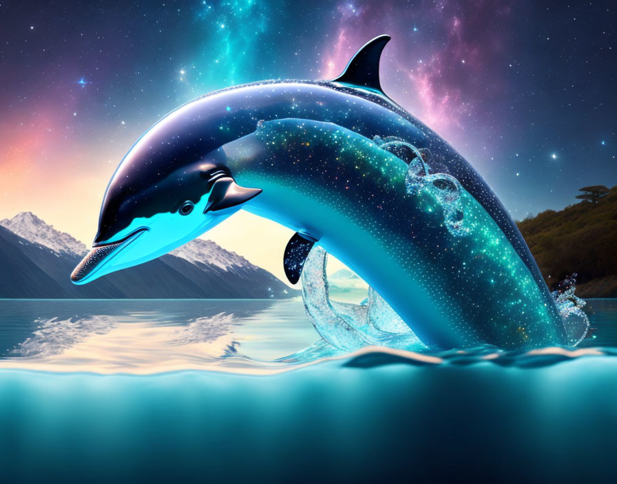 Dolphin leaping in night sky with stars and mountains