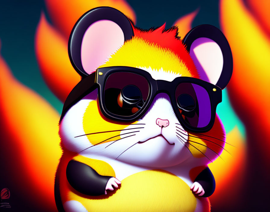 Stylized illustration of a cool mouse in sunglasses with vibrant orange fur and fiery flames.