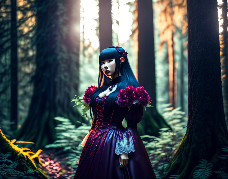 Person in gothic outfit with red flowers in mystical forest under golden light