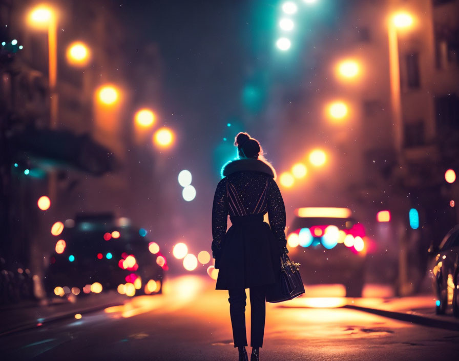 Person standing in dimly lit urban street at night with colorful bokeh lights