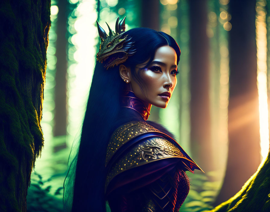 Regal woman in ornate armor and crown in forest with sunlight.