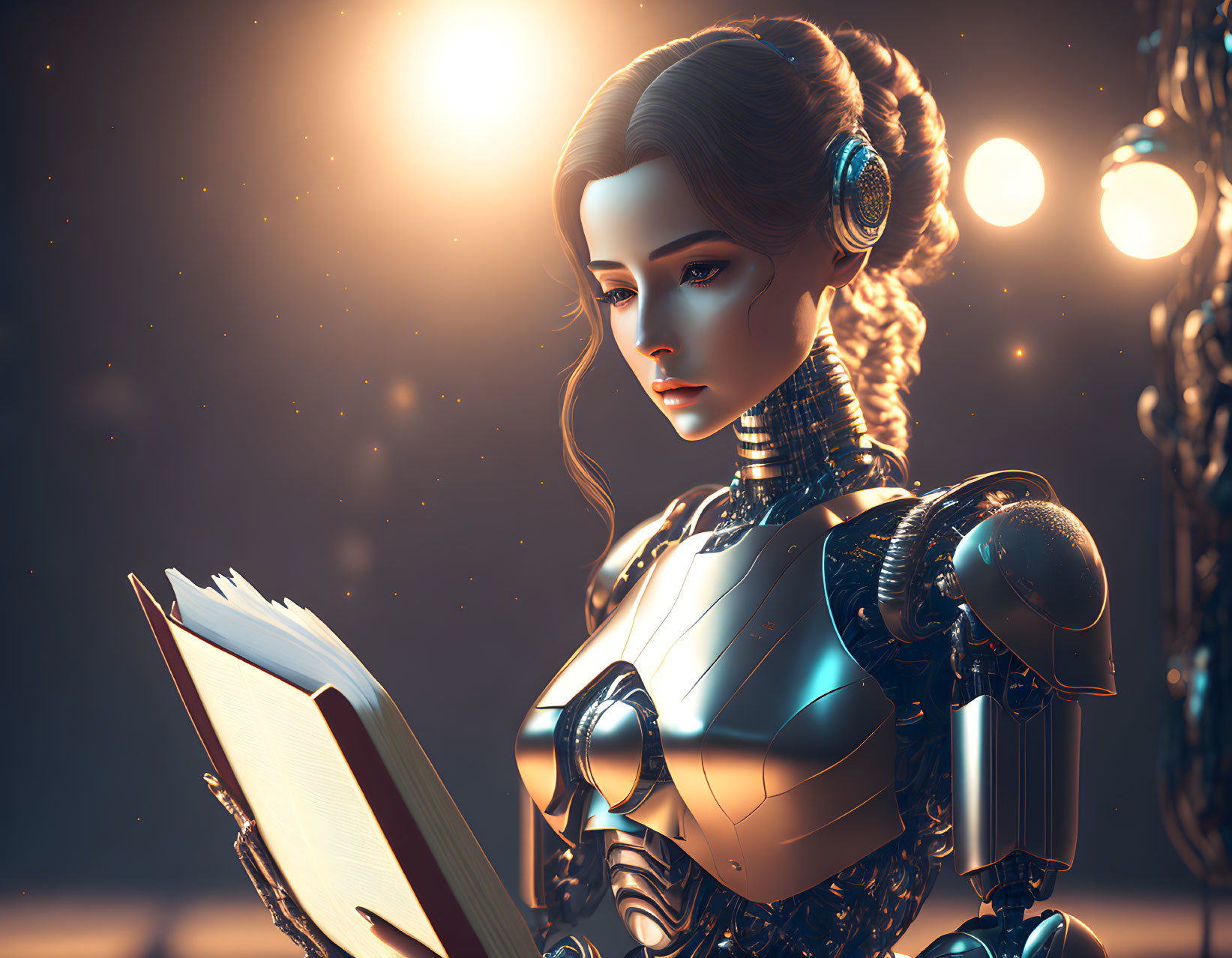 Female robot reading book in futuristic setting with soft glowing lights