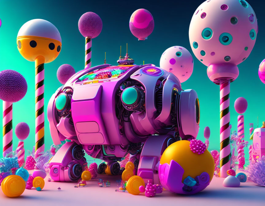 Colorful Stylized Robot in Whimsical Candy Landscape