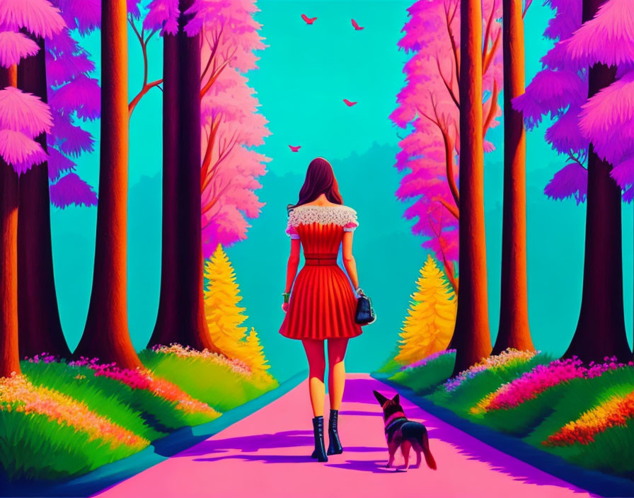 Woman in red dress walks dog on pink forest path under turquoise sky