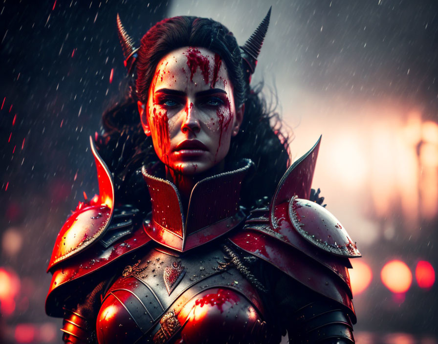 Warrior woman in crimson armor standing in rain with blood splatter
