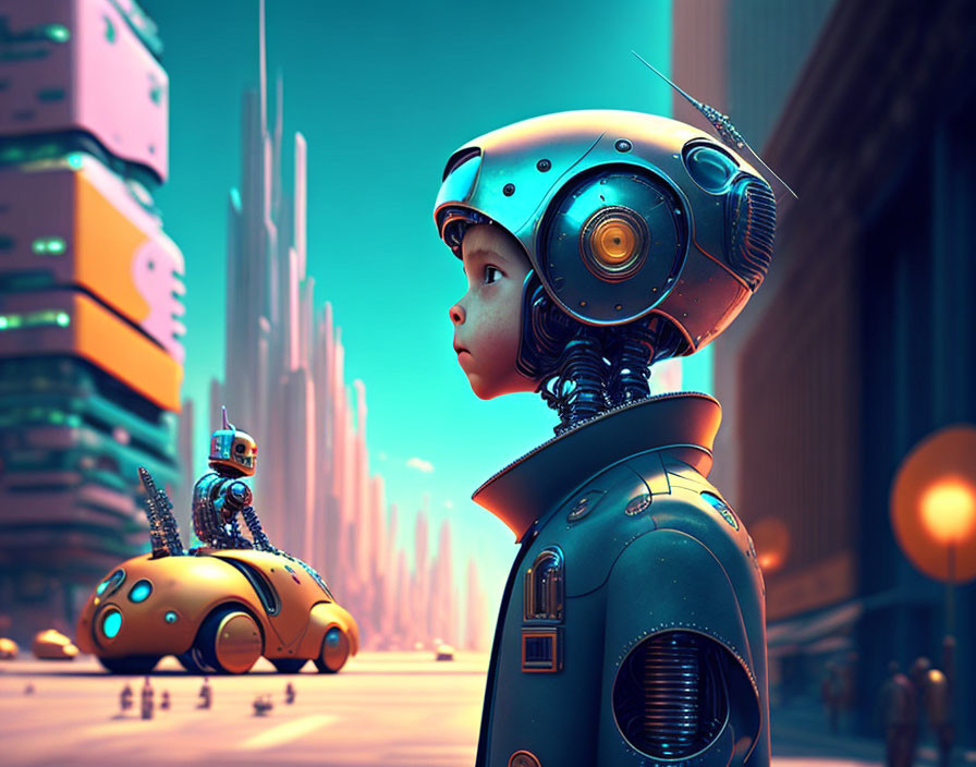 Detailed childlike robot in futuristic cityscape with small companion robot.