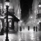 Gothic scene with cloaked figures, misty atmosphere, bats, and eerie architecture.