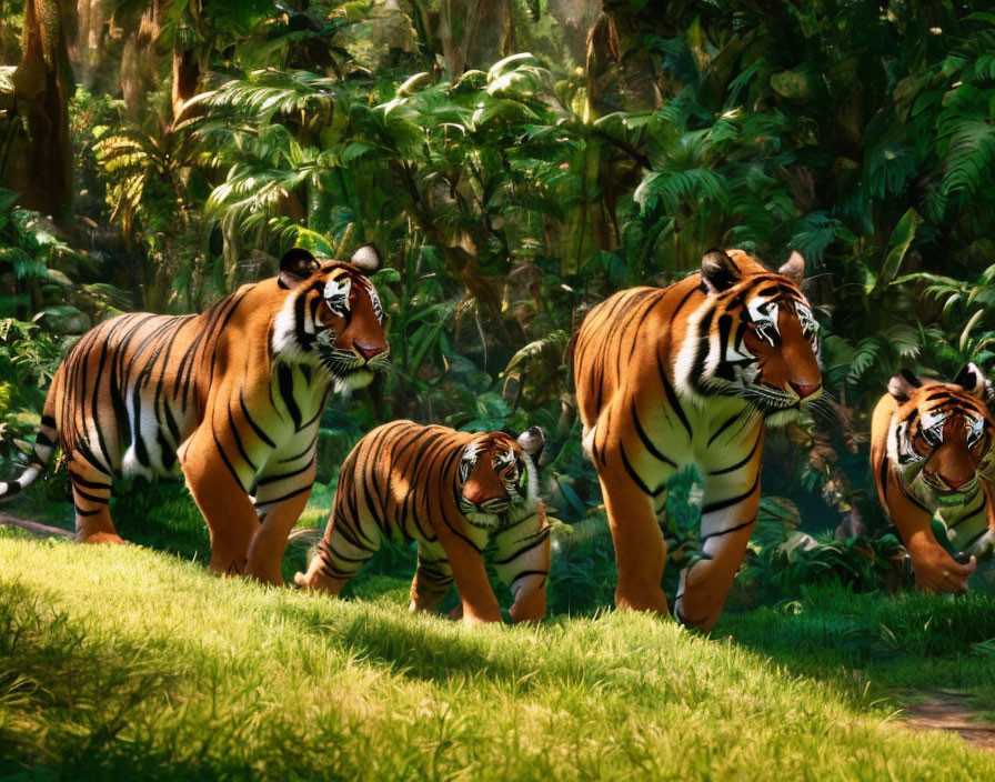 Four tigers in lush jungle with green foliage and sunlight filtering through trees