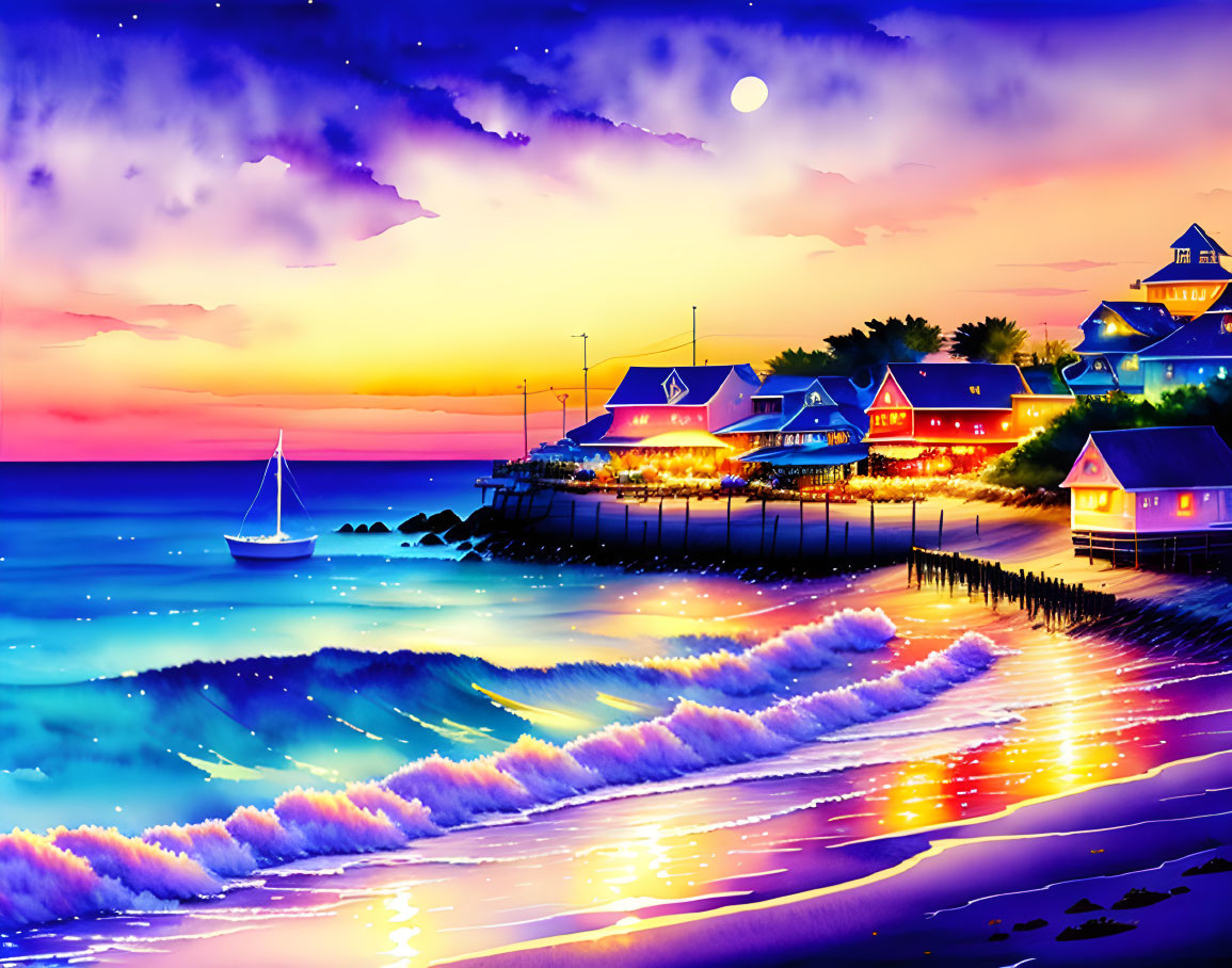 Vibrant beach scene at sunset: seaside houses, sailboat, crashing waves, starry sky