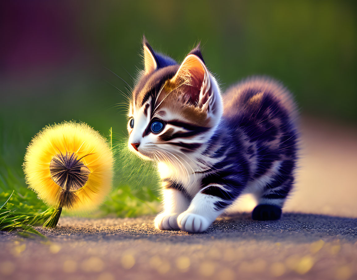 Striped kitten observing yellow dandelion puffball on pathway