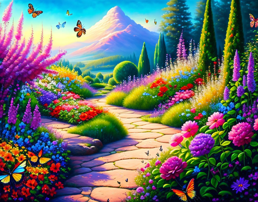 Oil painting of beautiful flower garden with stone