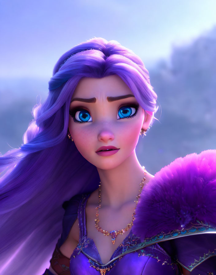 Animated female character with blue eyes and purple hair in fluffy collar outfit