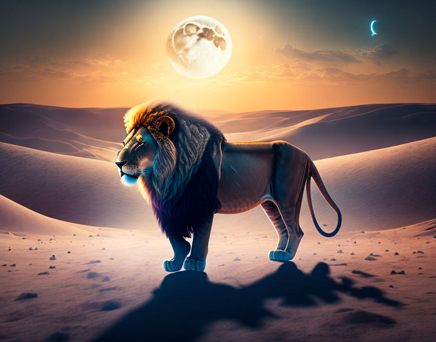 Majestic lion in desert twilight with full moon and crescent moon above