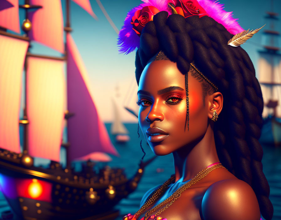 Digital artwork of woman with braids and feathered hair accessories against sailing ships at dusk