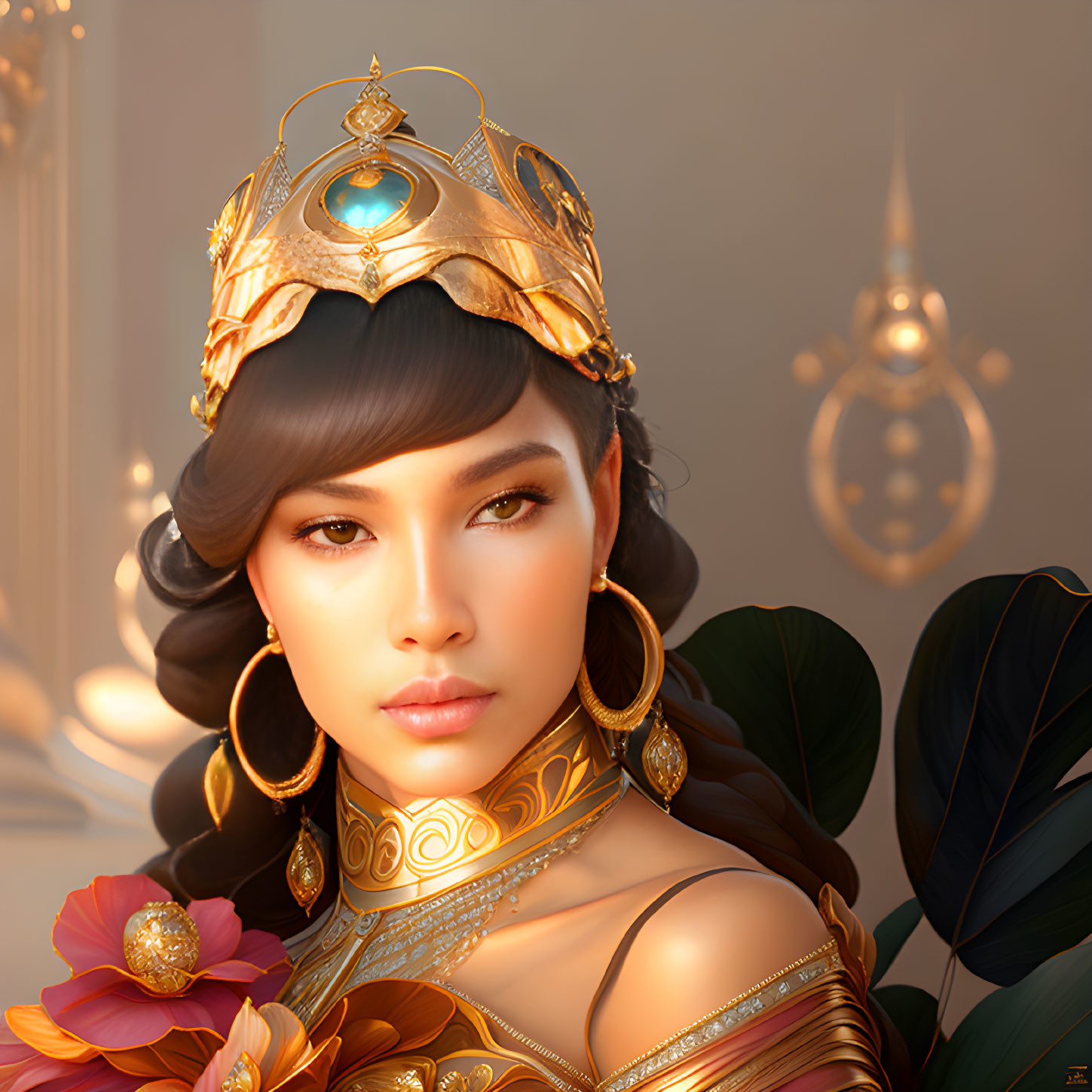 Regal woman in golden crown and jewelry on warm, soft-focused background