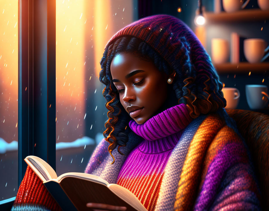 Woman reading book by window as snow falls outside