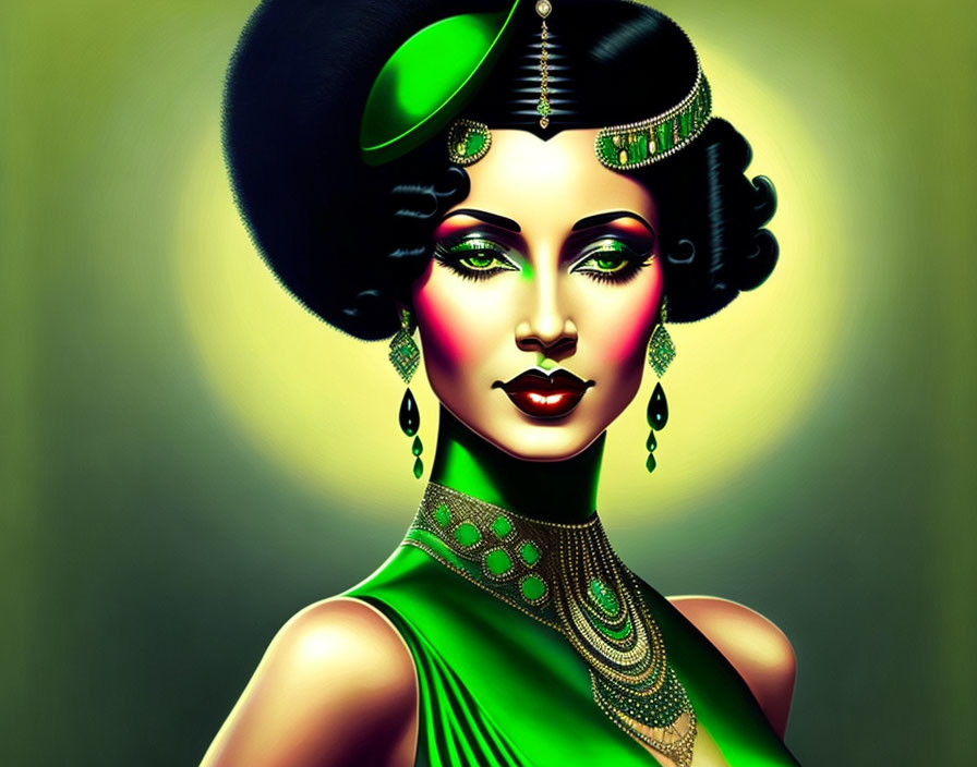 Stylized digital artwork of a woman in green Art Deco attire