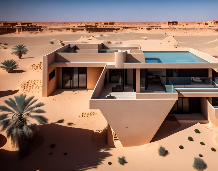 Contemporary desert architecture with beige walls, central pool, sand dunes, and palm tree.