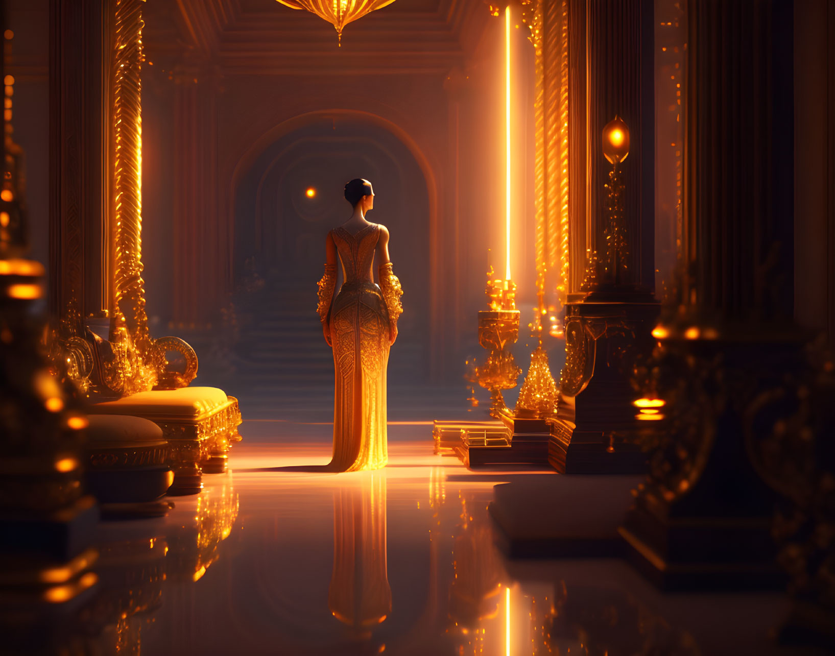 Elegant woman in gown in majestic sunlit hall with golden decor