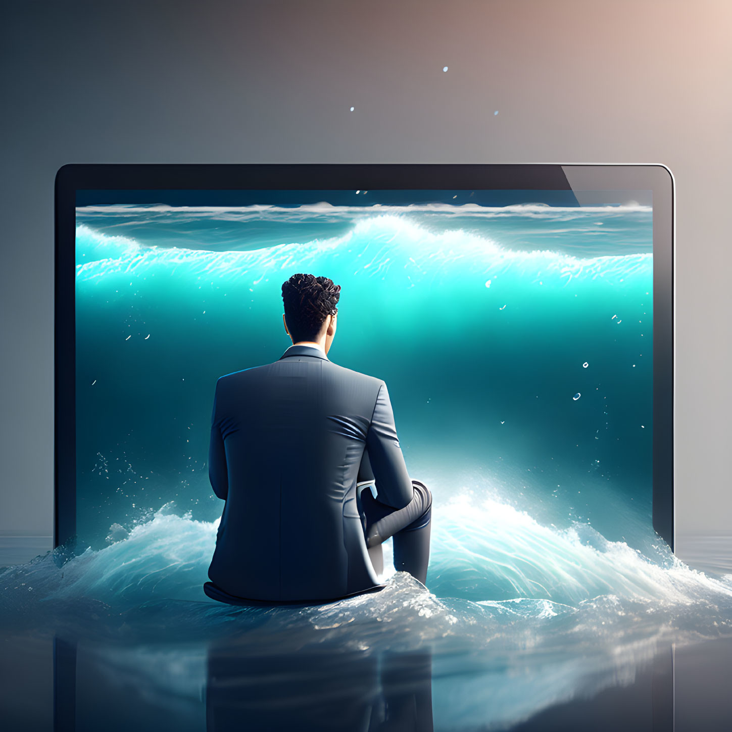 Man in suit sitting inside open laptop views underwater scene with bubbles.