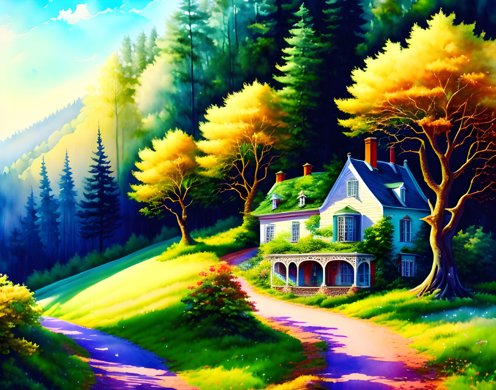 Cozy cottage in autumn forest with winding path under sunny sky