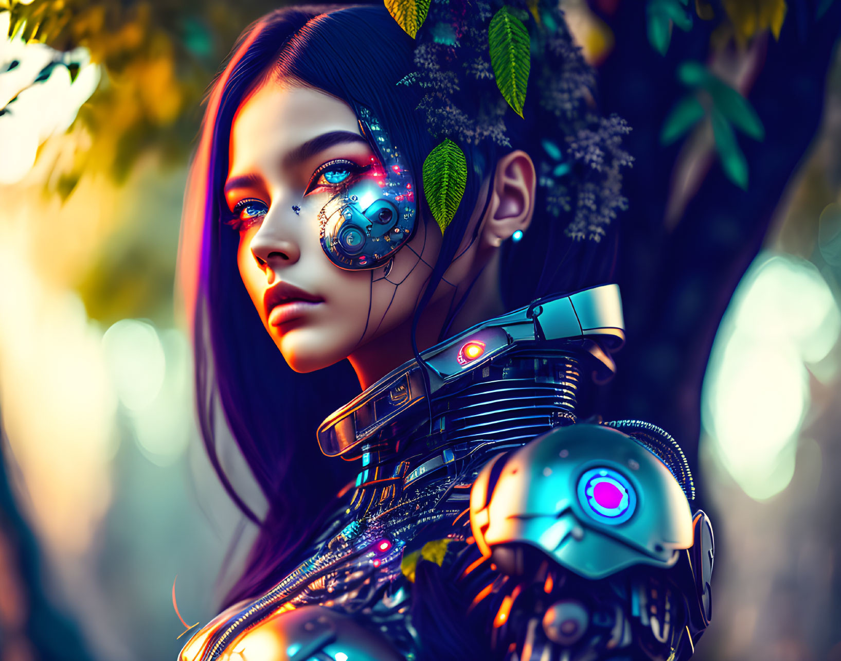 Female Cyborg with Mechanical Neck and Eye in Vibrant Leaf Background