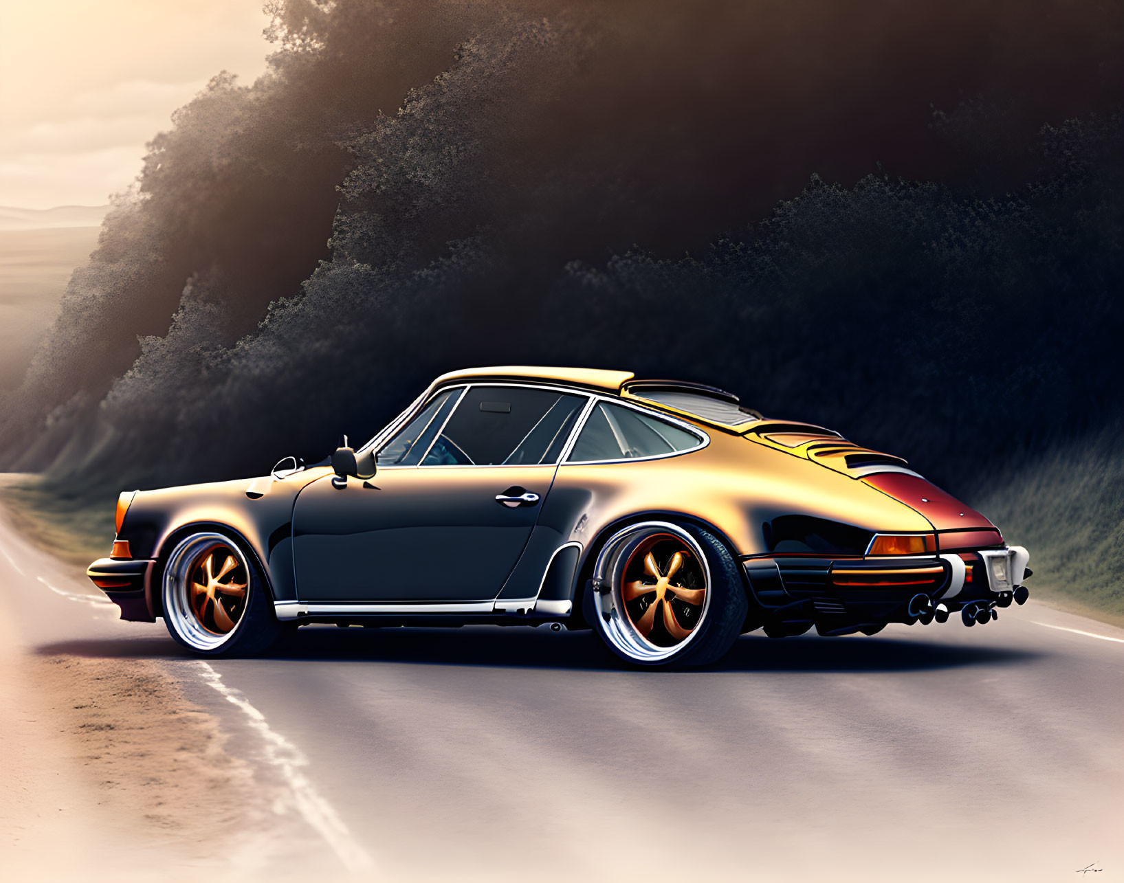 Vintage Porsche 911 in Black and Gold on Winding Road