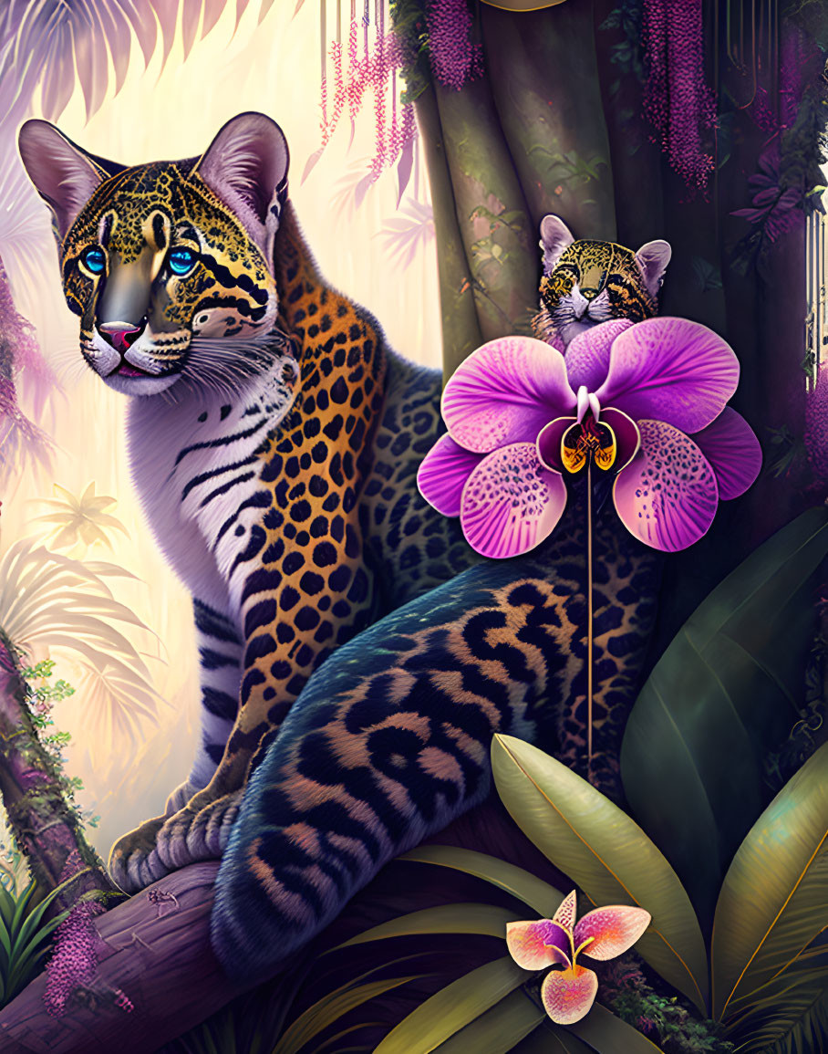 Colorful Leopard and Cub Illustration in Lush Jungle Setting