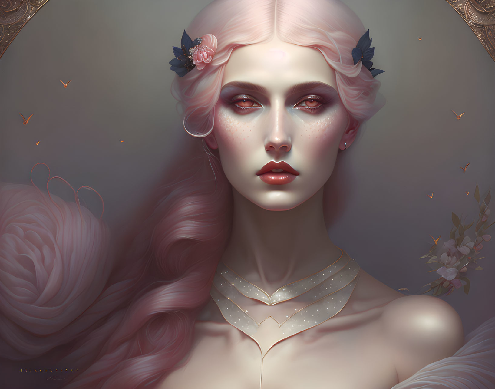 Ethereal woman with pink hair and butterflies in soft background