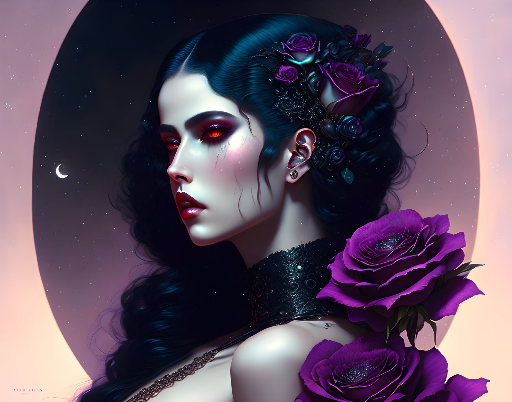Fantasy woman portrait with dark hair, purple roses, crimson eyes, and crescent moon backdrop