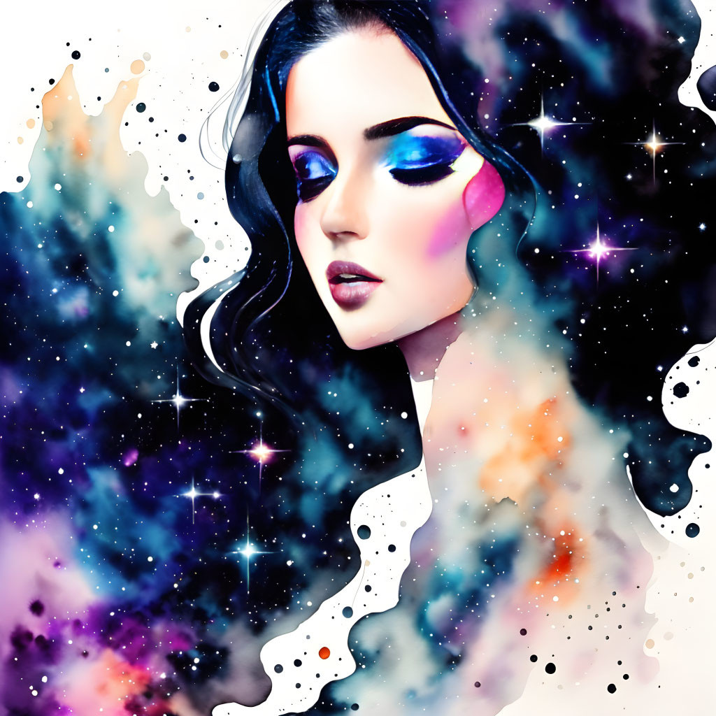 Cosmic-themed portrait of a woman with vibrant makeup and stars on deep space backdrop