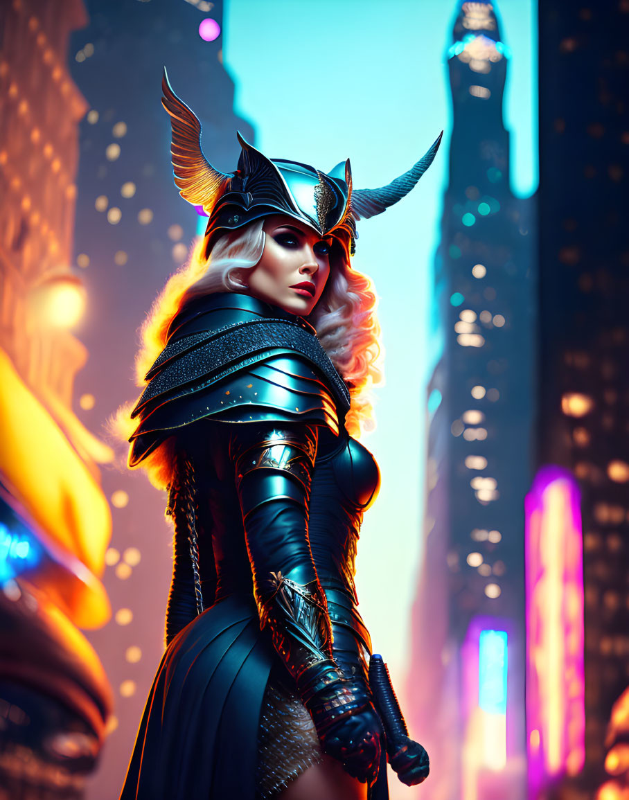 Digital artwork: Woman in fantasy armor with winged helmet, futuristic cityscape backdrop