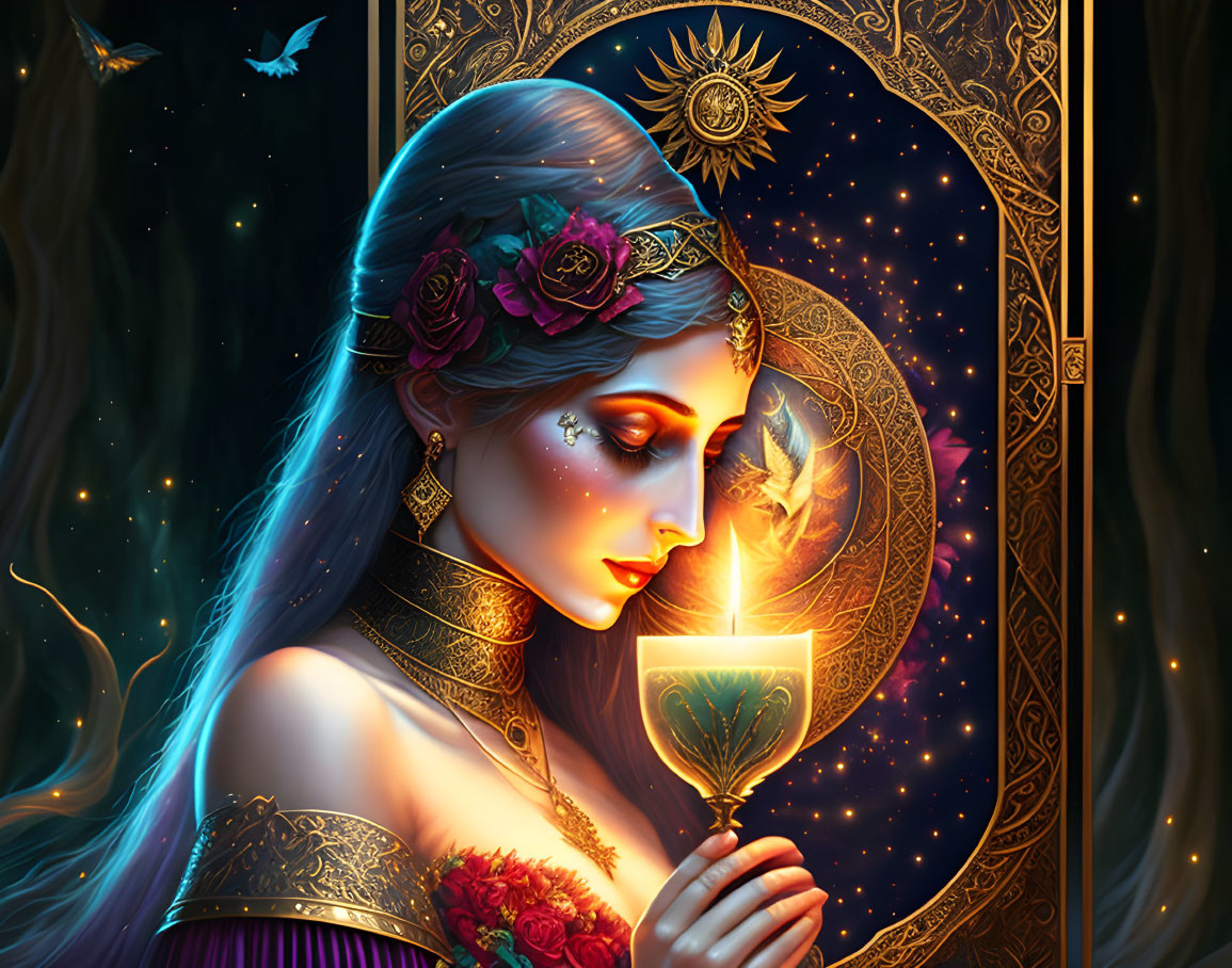 Fantasy woman with flowers and glowing chalice in ethereal setting