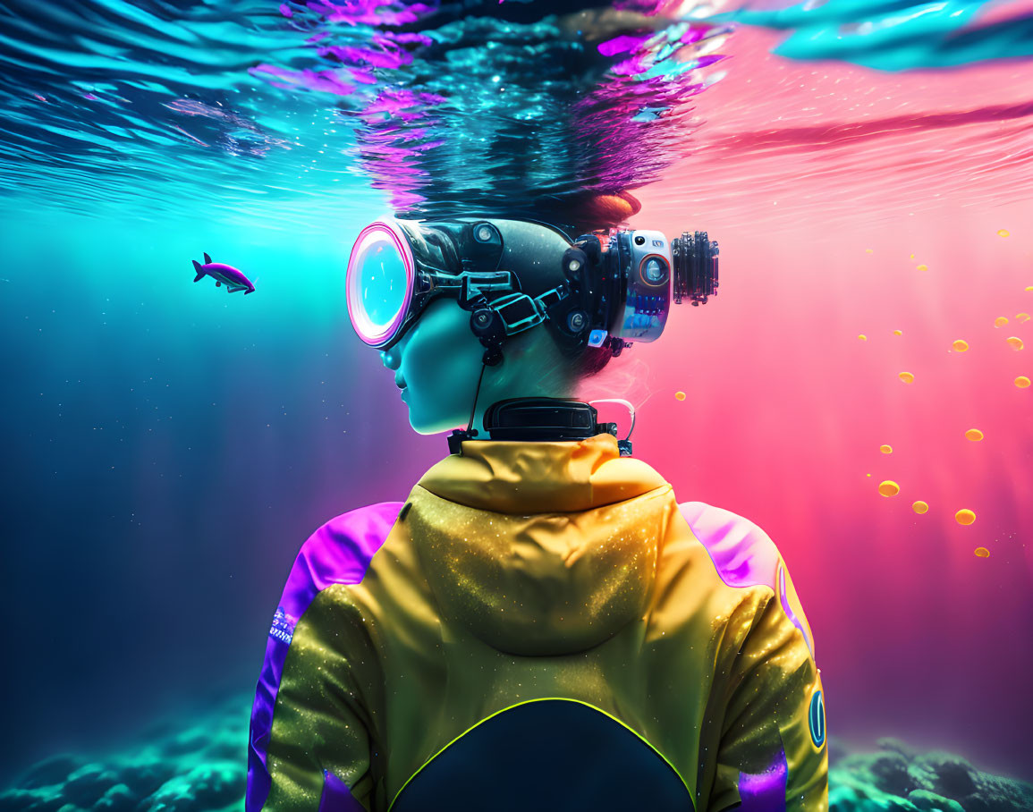 Diver in Colorful Wetsuit and Futuristic Helmet Observing Marine Life Underwater