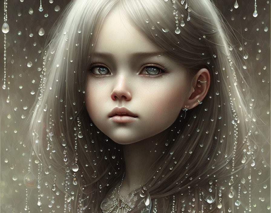 Fantasy art of girl with large eyes, silver hair, jewels, and water droplets